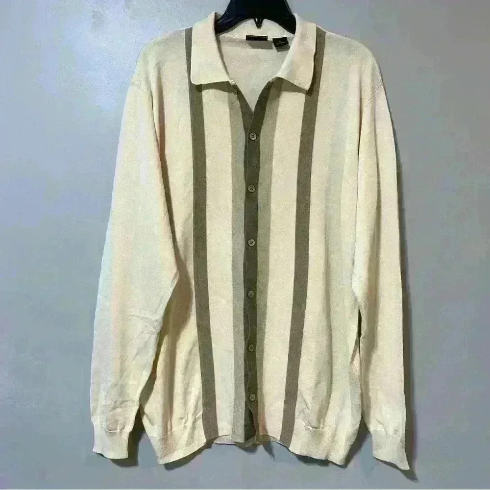 WfF men's retro style striped long sleeve button front open cardigan Silk XL New